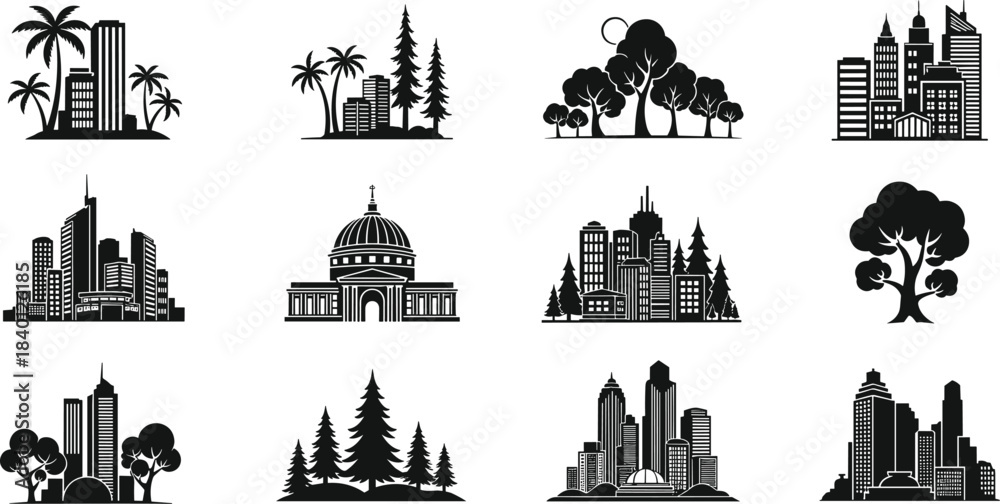 Obraz premium Collection of black and white city skyline and nature silhouette icons buildings