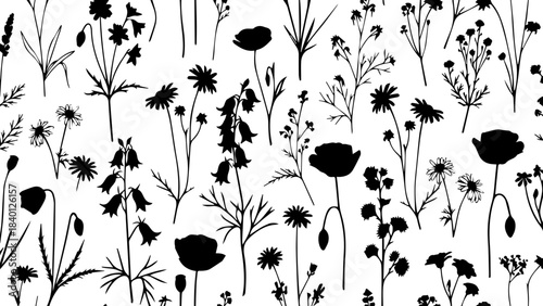 Stunning seamless pattern featuring delicate black silhouette wildflowers perfect for elegant botanical design projects