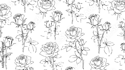 Elegant seamless pattern featuring delicate hand drawn black and white rose sketches perfect for modern textile design