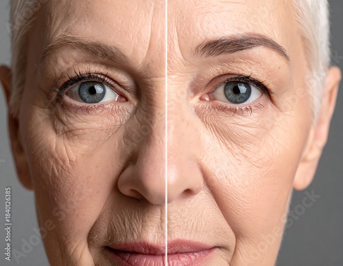 Half face before/after aging treatment comparison; visible wrinkles, blue eyes and short grey hair of an older woman