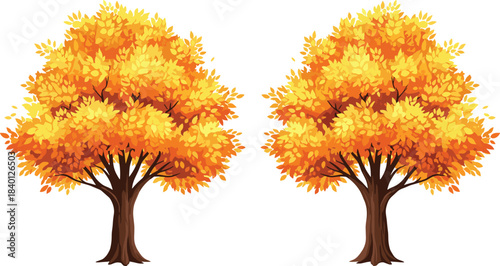 Two large realistic green trees vector illustration set with dense summer foliage and surrounding shrubbery, isolated on white background for landscape design elements