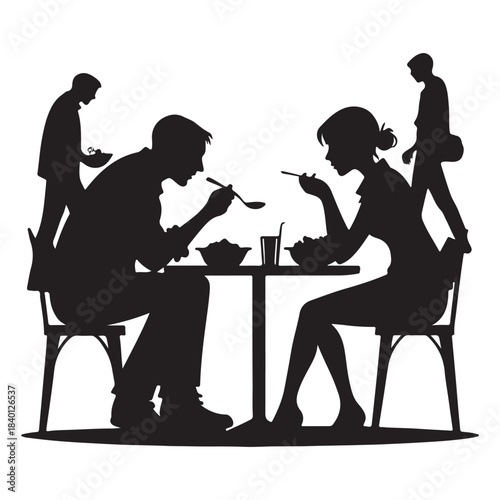 Vector of people eating in a simple silhouette style illustration