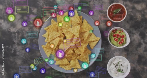 Icons appearing, round plate of corn chips staying centered, avatars orbiting, showing social buzz