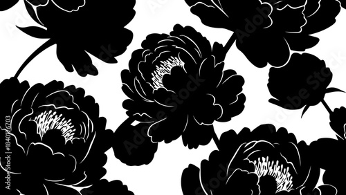 Elegant black peony floral pattern, timeless blossom design for backgrounds, textiles, and creative projects with a modern touch, originally a scalable graphic