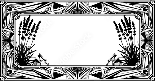 Elegant art deco frame with lavender sprigs, perfect for invitations, announcements, and stylish designs with a touch of vintage charm, scalable graphic