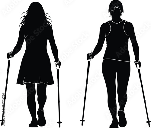 Two women silhouettes nordic walking with poles, back view of female hikers in dress and sportswear, vector illustration isolated on white background