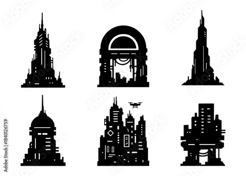 Futuristic city silhouette icons set, cyberpunk towers and neon skyline