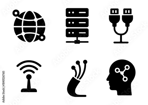 Network infrastructure silhouette icons set, global internet and data cables