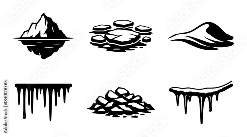 Geology forms silhouette icons set, iceberg, sand dune and rock pile