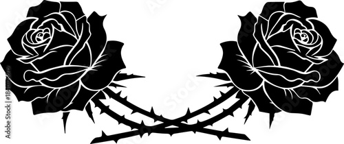 Elegant black rose duo, a stunning floral design with thorns, perfect for edgy branding or romantic gothic themes, originally a scalable graphic