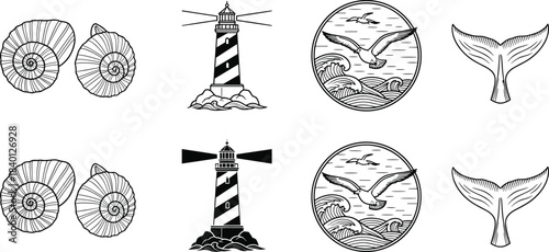 Black and white line art illustrations of seashells lighthouses seagulls and whale tails