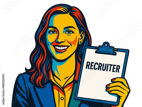 professional female recruiter holding a clipboard, symbolizing HR, hiring, and talent acquisition. Generative ai vector colorful pop art illustration.
