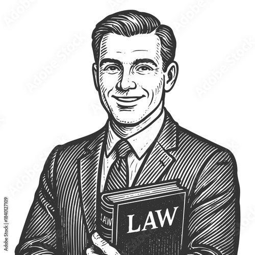 professional male lawyer in a suit holding a law book, ideal for legal or justice topics sketch engraving generative ai fictional character vector illustration. Scratch board. Black and white image.