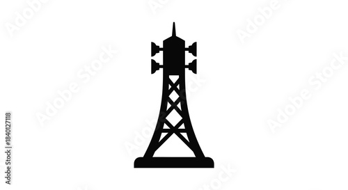 A striking black silhouette of a tall lattice work transmission tower against a white background silhouette
