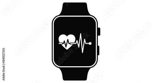 A sleek modern smartwatch displaying a heart rate monitor graphic as a dark silhouette