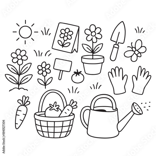 Cute Hand Drawn Gardening Elements Collection.