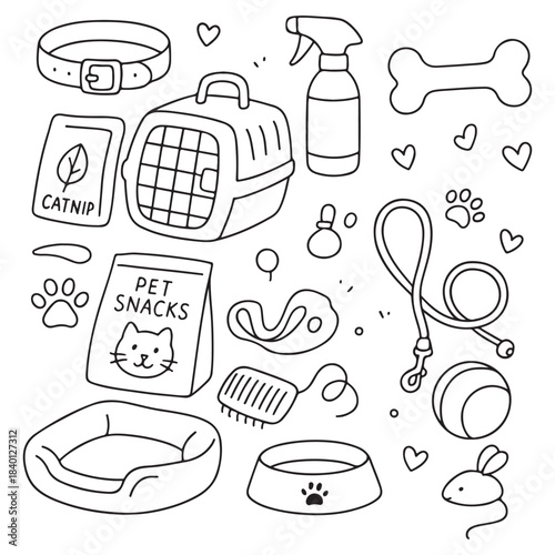 Collection of Pet Care Items and Accessories for Dogs and Cats.