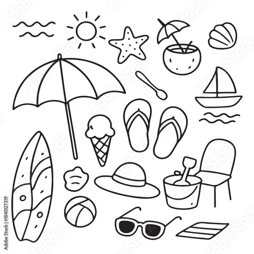 Summer Beach Vacation Objects Collection Doodle Style.