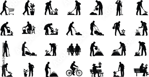 Collection of black silhouettes depicting people gardening and performing outdoor activities