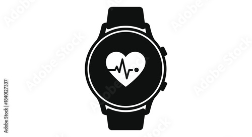 A sleek black smartwatch displays a heart rate monitor in a striking silhouette