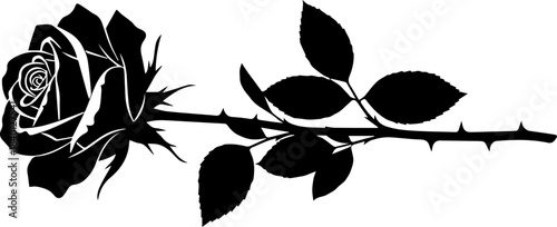 Elegant black silhouette of a rose with thorns, perfect for tattoo designs, edgy branding, or dramatic floral accents, scalable vector graphic