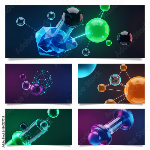 Abstract 3D Science and Technology Backgrounds with Glossy Molecules and Geometric Shapes

