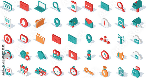 Isometric icons, digital communication, media technology, chat, email, smartphone, cloud storage, security, video, microphone, location, interface, UI, UX, colorful, stylized, modern, online, network