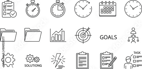 Collection of thin line icons representing business planning time management and goal achievement