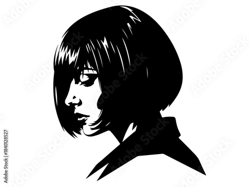 A striking black and white silhouette of a woman's profile with short, choppy hair and a piercing gaze.