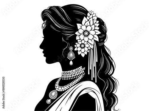 Silhouette of a beautiful Indian woman adorned with traditional jewelry and flowers in her hair.