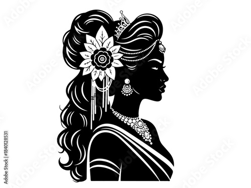 Silhouette of a beautiful Indian woman adorned with intricate jewelry and a large flower in her elaborate hairstyle, depicted in profile.