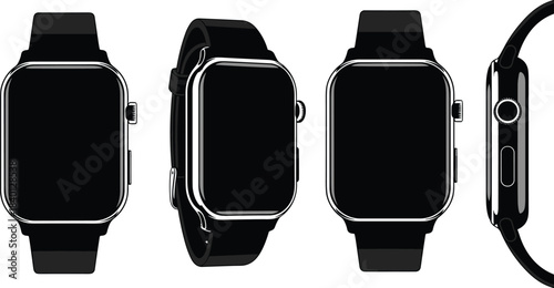 Four views of a black smart watch with a black band on a white background wearable technology