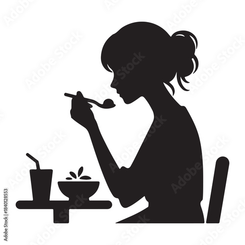 Vector of people eating in a simple silhouette style illustration