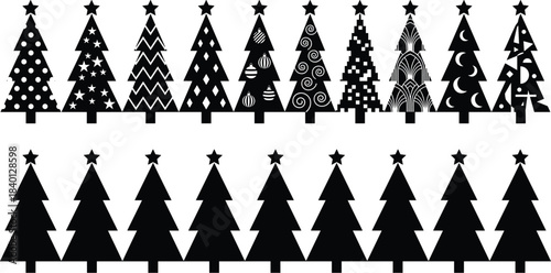 Christmas tree pattern set, festive holiday design, silhouette matching activity, educational puzzle, winter decoration, seasonal symbols, graphic illustration, vector art