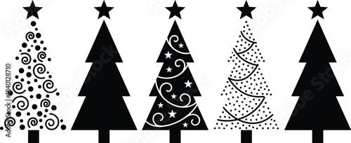 Christmas trees, holiday decorations, festive design, winter celebration, seasonal art, stylized trees, black silhouette, swirl pattern, star topper, graphic illustration