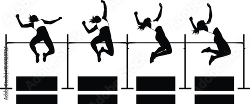 Silhouette of female athlete performing high jump sequence over bar woman