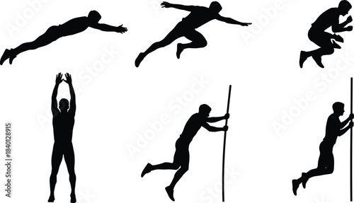 Six black silhouettes of male athletes in various dynamic poses on a white background