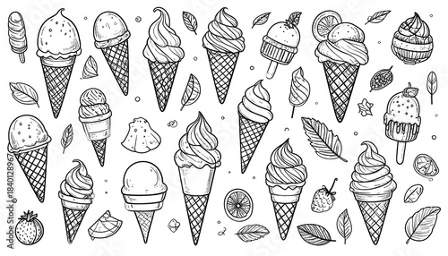 Hand-drawn ice cream cone collection with various flavors, toppings, leaves, and fruit. Black and white sketch style
