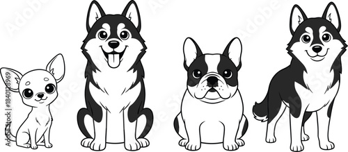 Cute cartoon dog breeds illustration set, chihuahua husky french bulldog puppy characters, kawaii pet mascot vector art for stock design