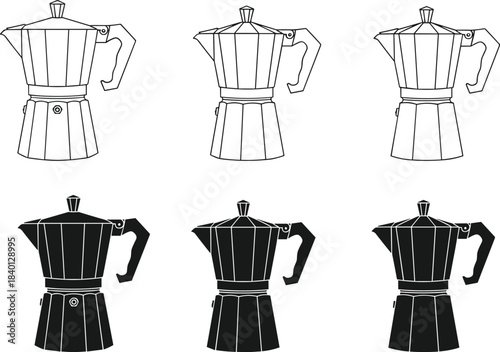 Six moka pots in line art and silhouette styles on a white background coffee maker