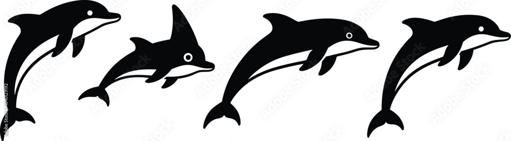 Naklejka premium Dolphin silhouette vector set, jumping dolphin icons, marine mammal illustration, ocean animal clipart, black dolphin graphic design