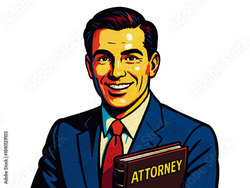 smiling male attorney in a suit, holding a book. Generative ai vector colorful pop art illustration.
