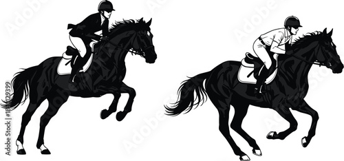 Equestrian show jumping illustration, two riders competing on galloping horses, dynamic sport action, modern vector style, isolated white background artwork