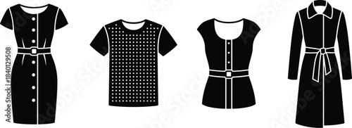 Fashion silhouettes, dress design, t-shirt style, sleeveless top, trench coat, garment variety, clothing types, apparel outline, wardrobe planning, retail fashion