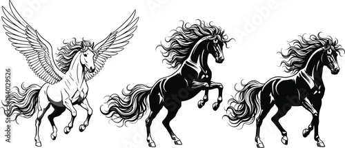 Fantasy winged pegasus and galloping horses illustration, mythological equine artwork, detailed line art, dynamic motion, black and white design vector
