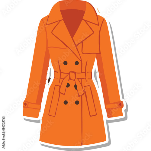 Orange Double Breasted Trench Coat with Belt and Collar Standing Out Against a White Background Detailed Illustration Flat Design Fashion Outerwear