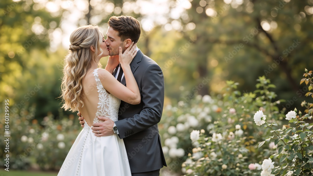 Fototapeta premium Bride and groom kissing in a romantic garden on their wedding day. A young couple in love embracing outdoors during golden hour