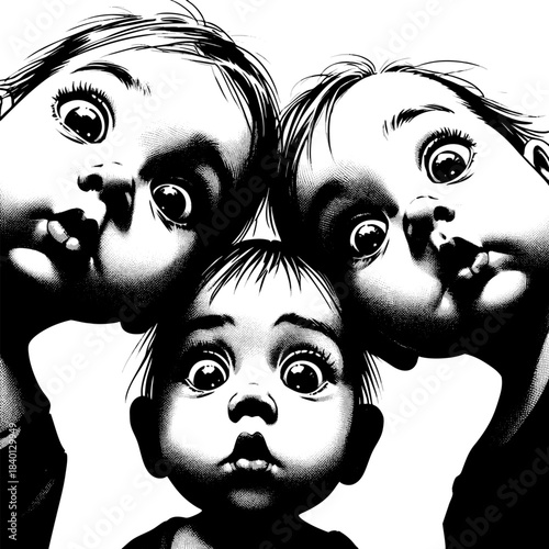 babies with wide eyes and open mouths, staring downward in amazement and curiosity sketch engraving generative ai fictional character vector illustration. Scratch board imitation. Black and white.