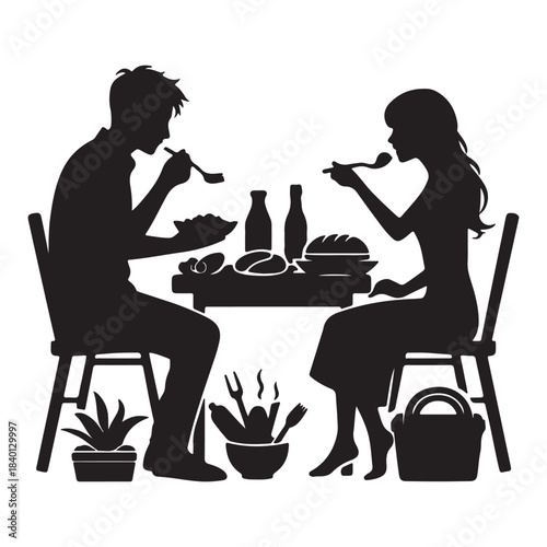 Vector of people eating in a simple silhouette style illustration