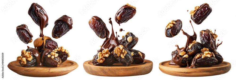 Obraz premium Set of Whole and halved dates filled with walnut halves isolated on white background, concept of healthy Arabic natural snack food